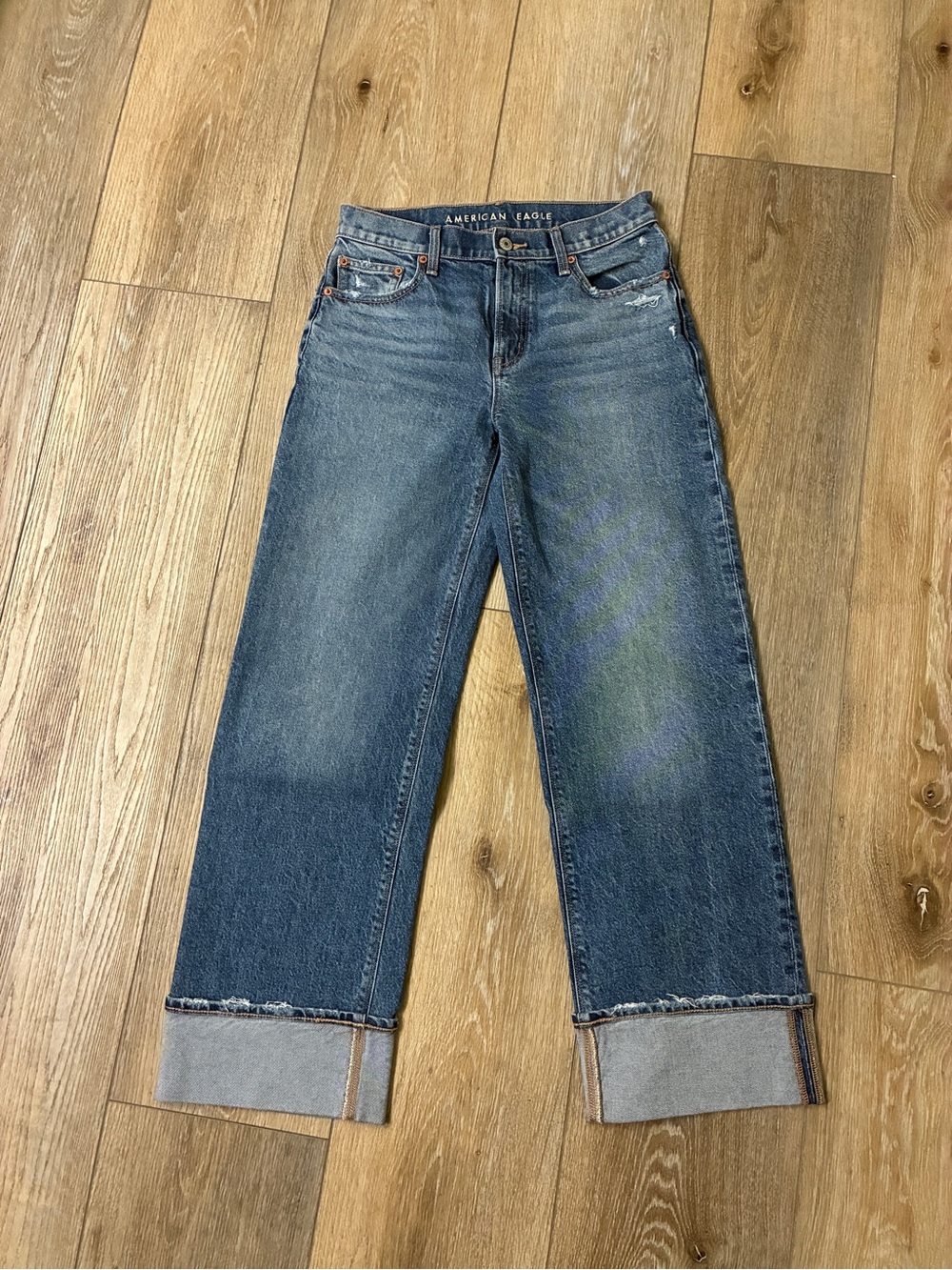 American Eagle Stovepipe Distressed Dark Blue Wide-Leg Jeans with Cuff NWOT-4